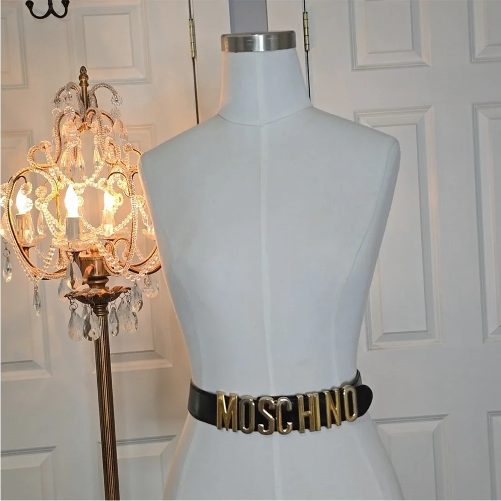 Moschino Black Leather Belt with Gold Logo Buckle