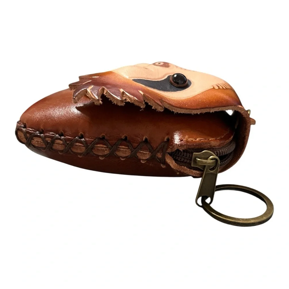 🦥 Genuine Leather Sloth Coin Purse | Brown Wristlet & Keychain