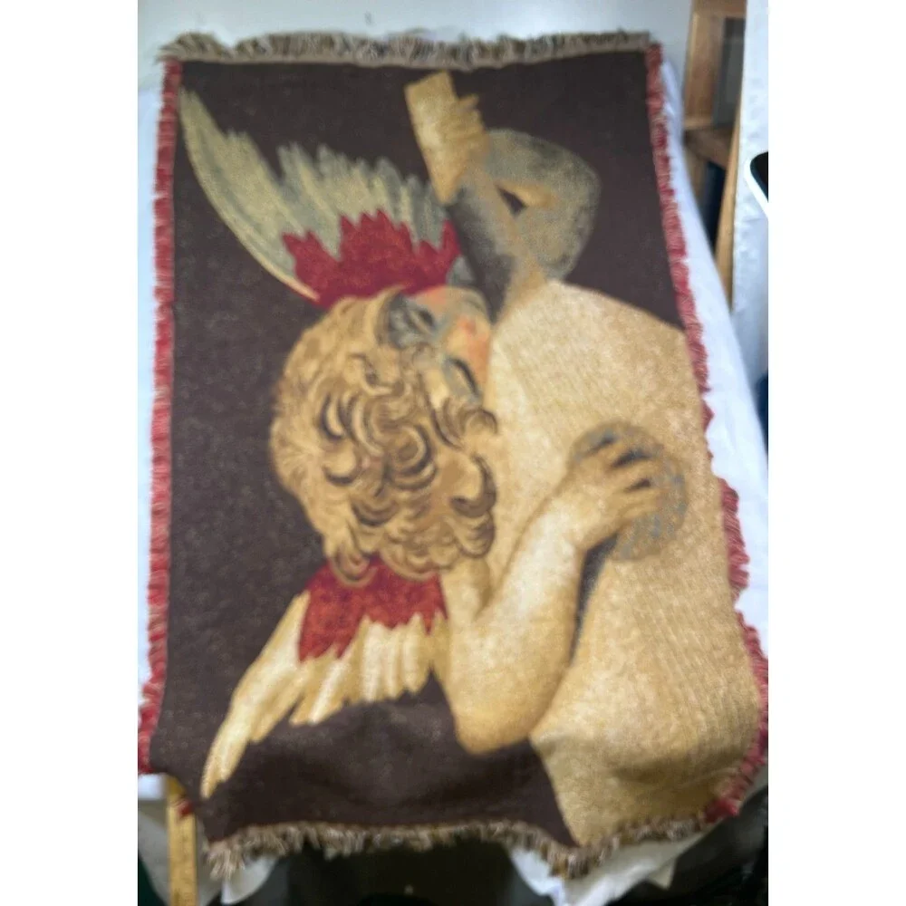 Vintage Woven Cherub Angel Harp Tapestry Throw Blanket Fringe 60x42in Cottage