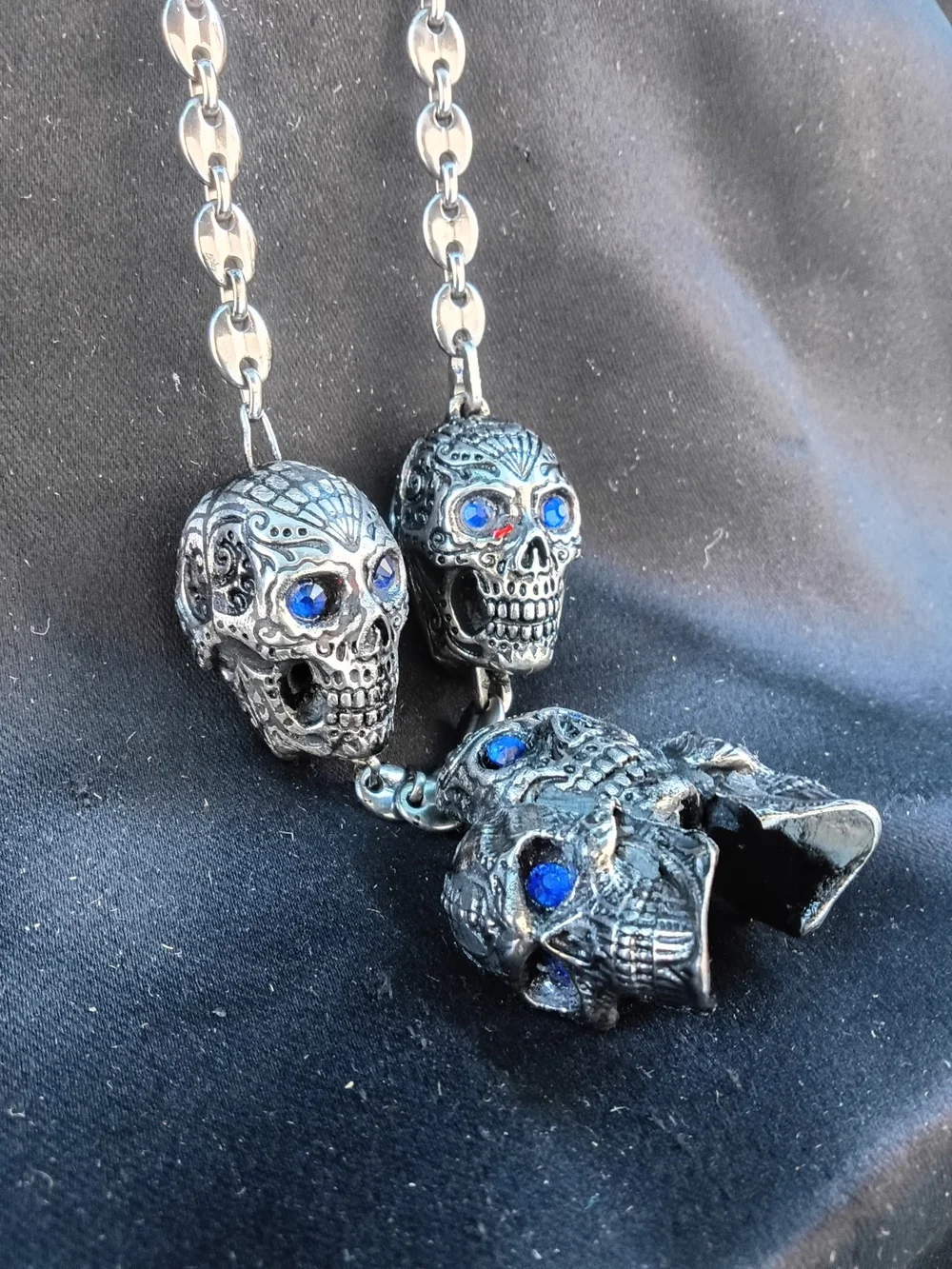 Stainless Steel Men's Skull Necklace with Blue Stone Eyes