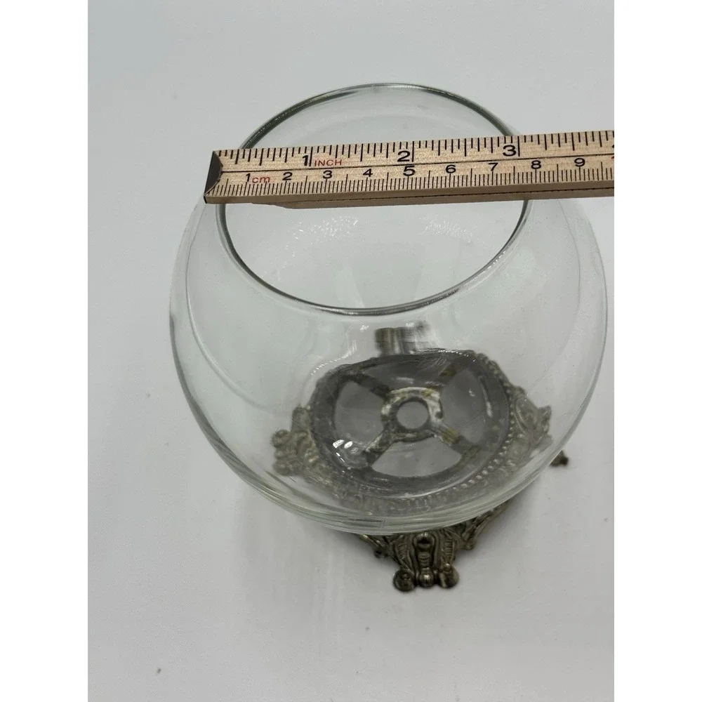 Vintage Glass Clear Fish Bowl Ornate with Metal Base Pedestal 5.5