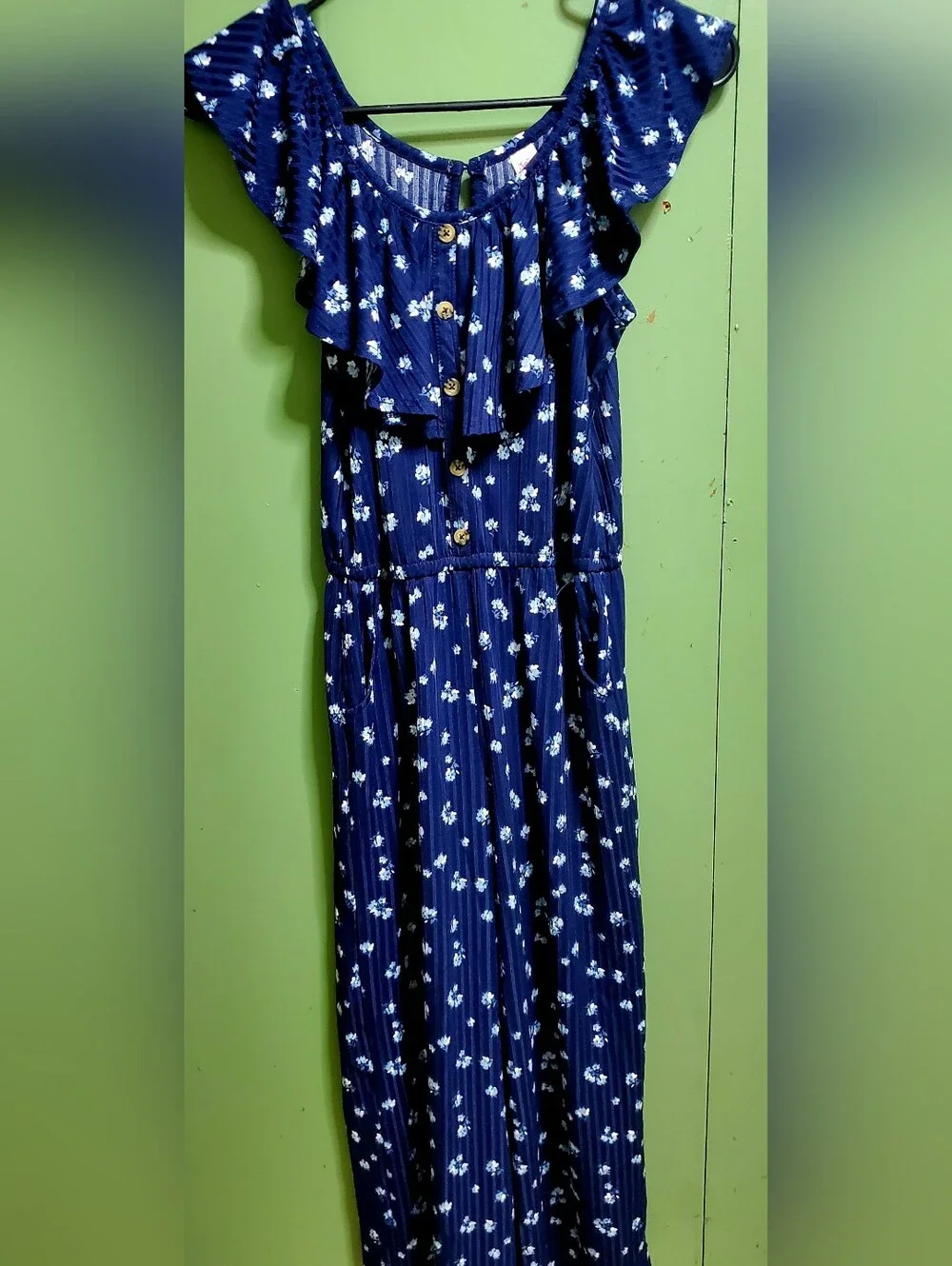 Girl's Justice Navy Blue Floral Button-Front Off Shoulder Jumpsuit
