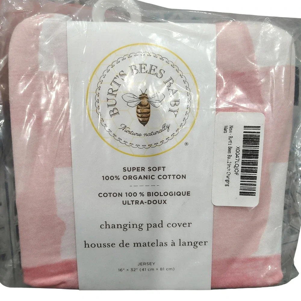 NEW Burt's Bees Baby Organic Cotton Jersey Changing Pad Cover Pink White Stripes