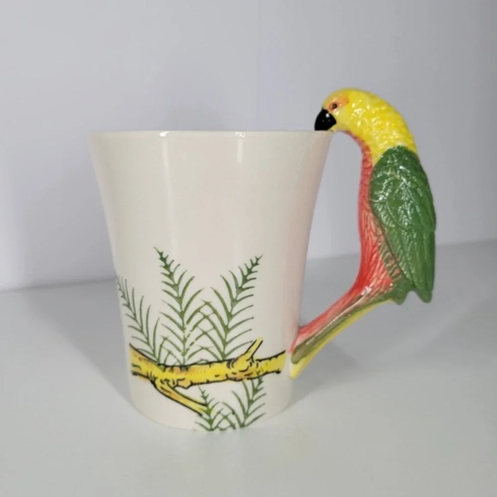 Pier 1 Imports Parrot Handle Mug Handpainted Stoneware Tropical Bird Coffee Cup