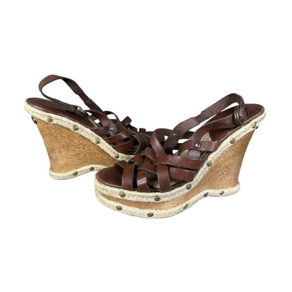 Michael Kors Y2K Brown Leather Studded Espadrille Wedge Sandals Size 6