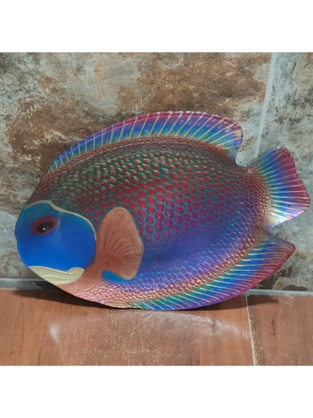 Iridescent Glass Parrotfish Decorative Tray Signed SOIF CD Mathis Large Serving