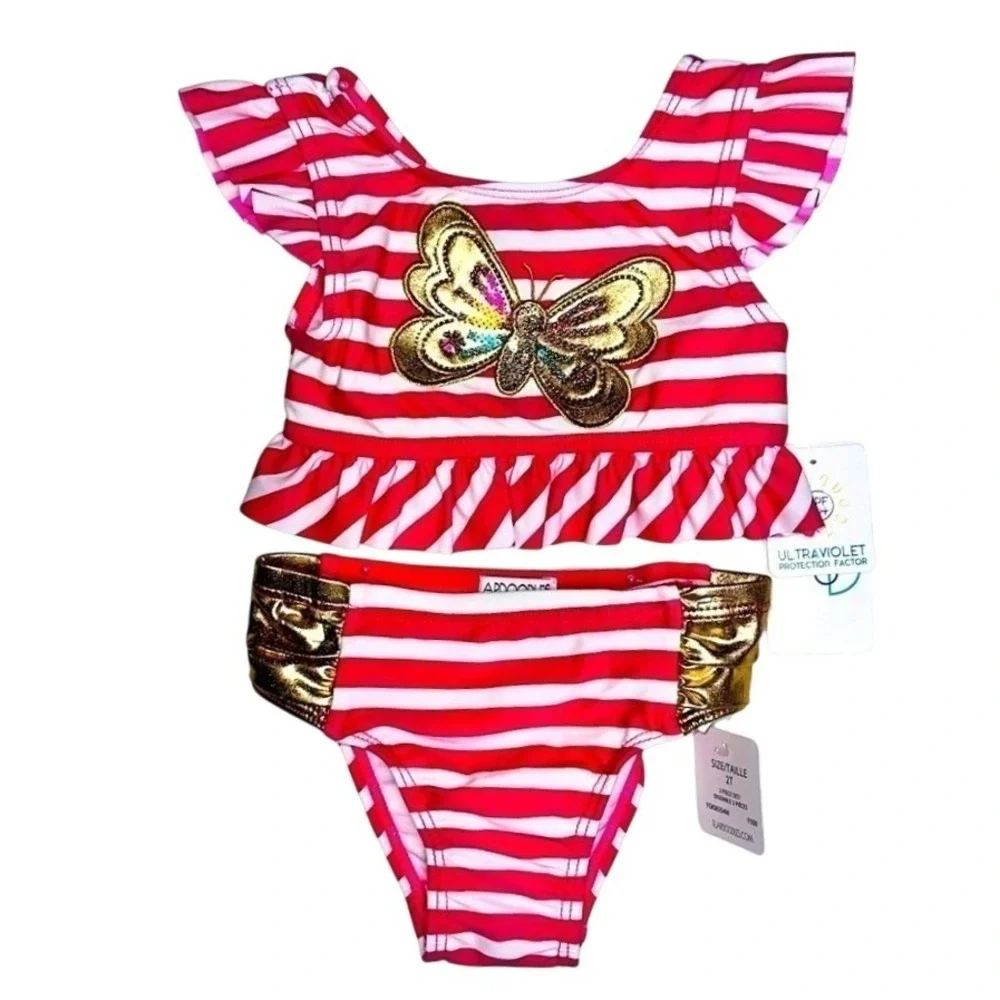 Flapdoodles 2T Girls 2 Piece Swimsuit Pink Gold Sequin‎ Butterfly NWT
