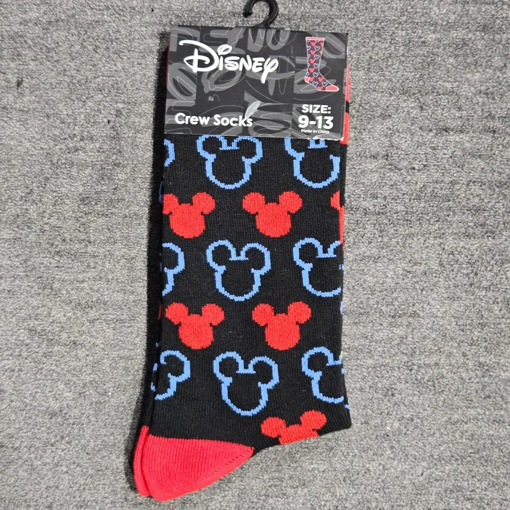 Disney Mickey Mouse Crew Socks Mens Size‎ 9-13 Black Red Blue Silhouette Pattern
