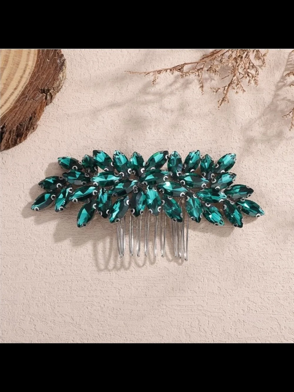 💄 Emerald Green Crystal Leaf Hair Comb