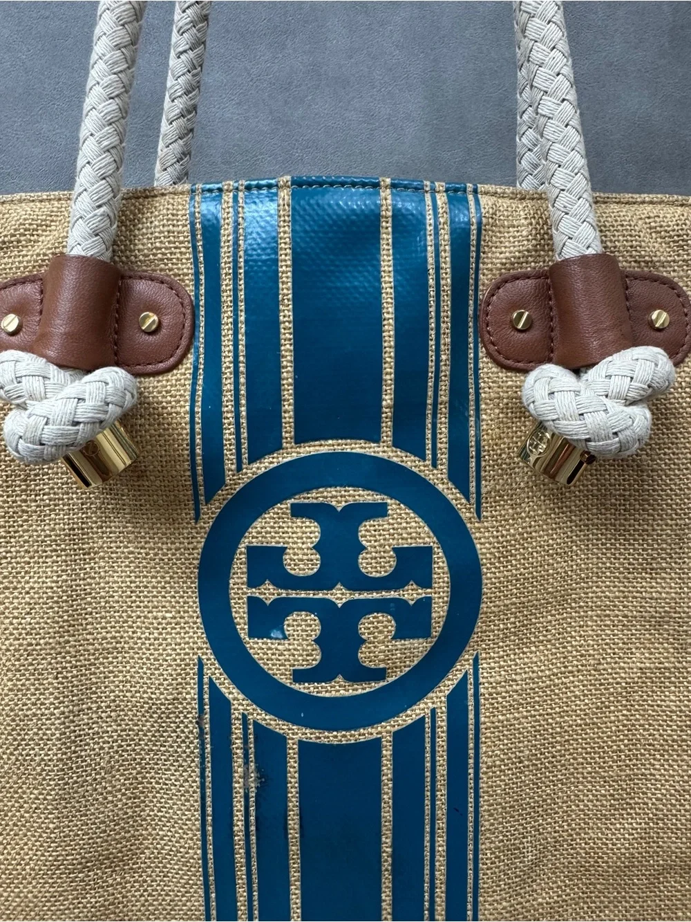 Tory Burch Tan Canvas Tote with Blue Stripe and White Rope Handles
