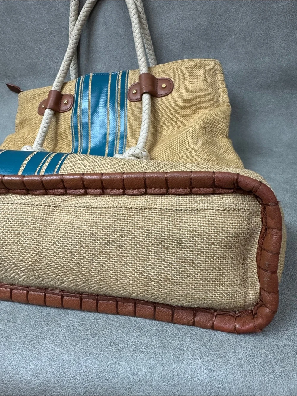 Tory Burch Tan Canvas Tote with Blue Stripe and White Rope Handles