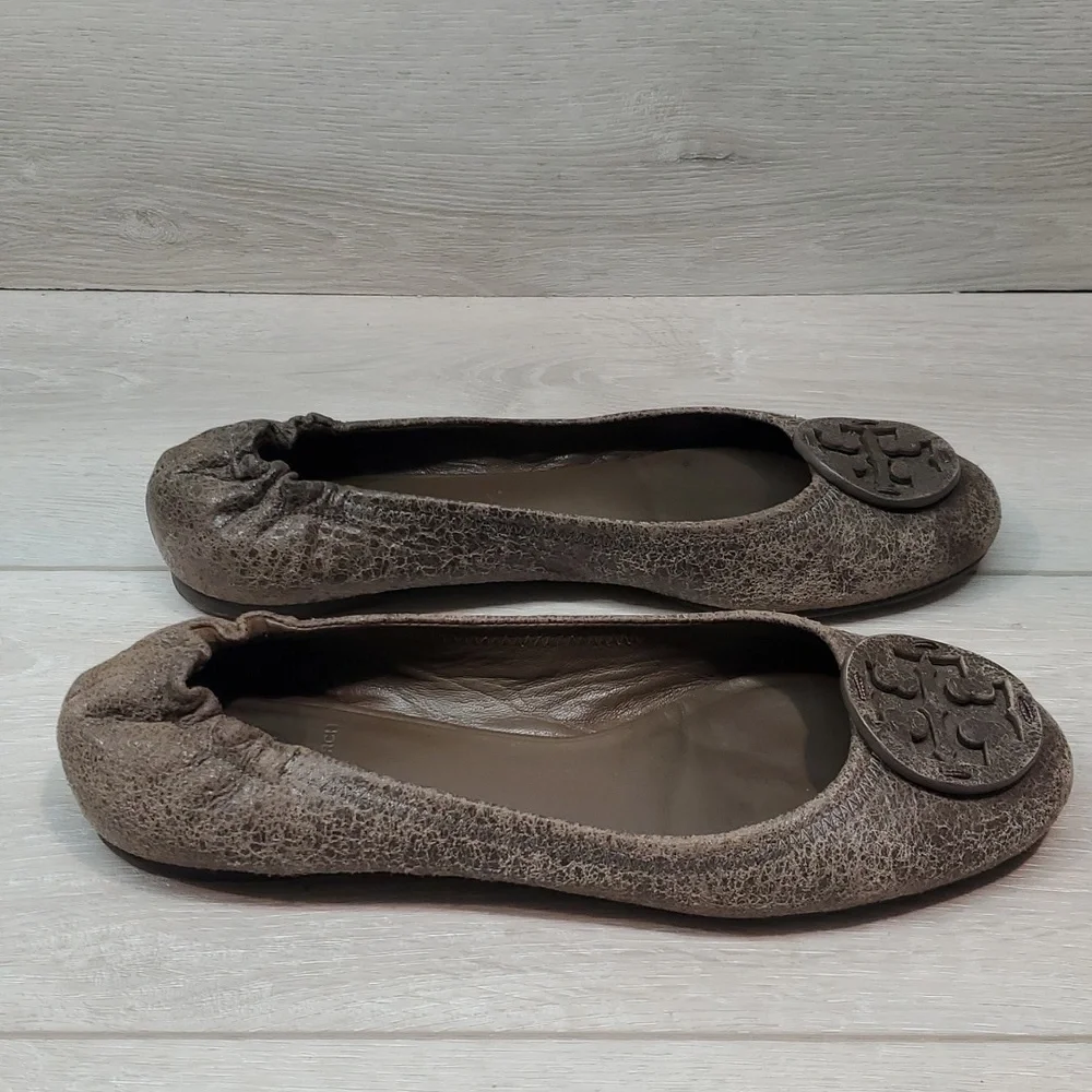 Tory Burch Womens Classic Reva brown distressed Leather Flats Ballet shoes sz 9M