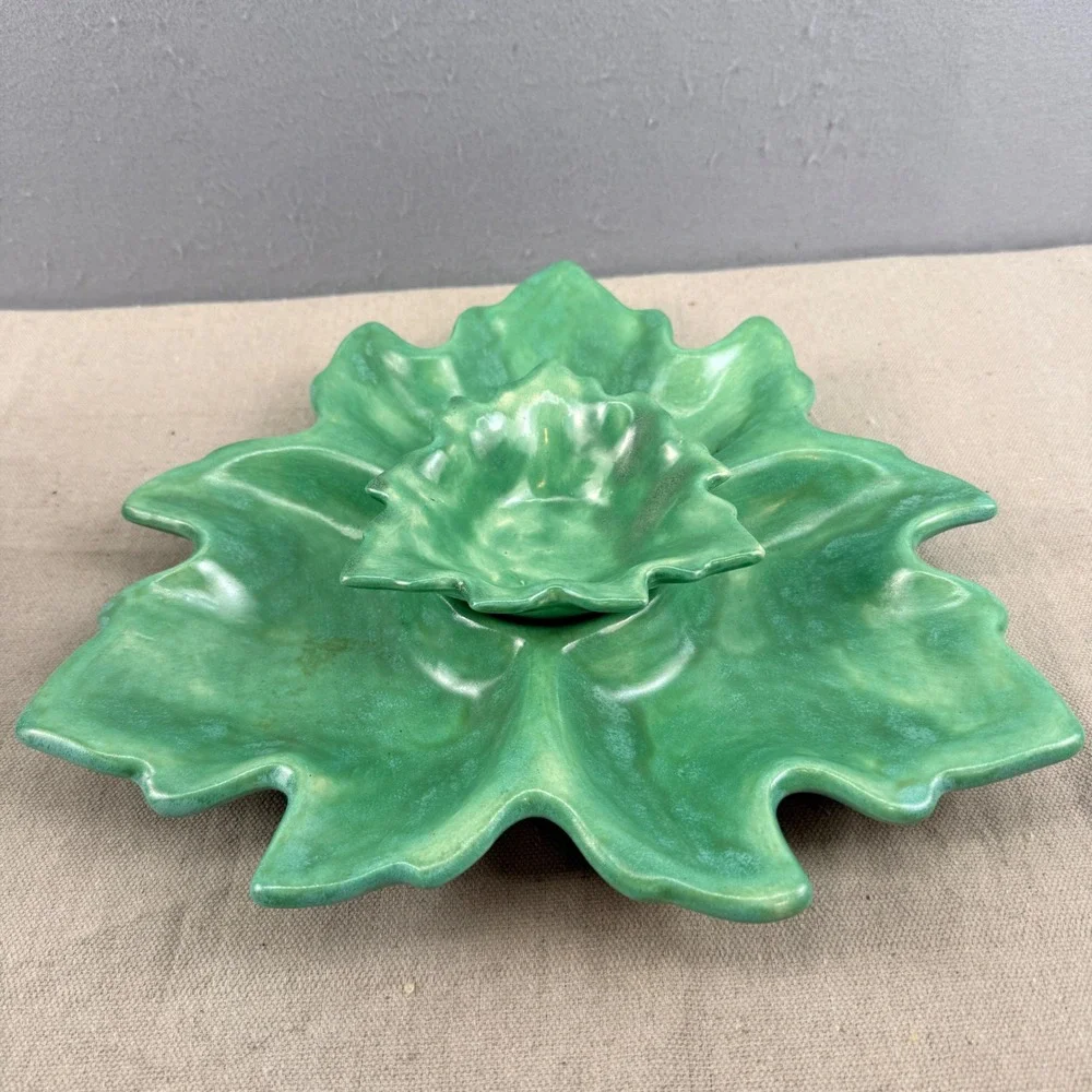 Vintage Green Leaf Chip and Dip‎ Set Signed GJS Studio Pottery Mid Century Style