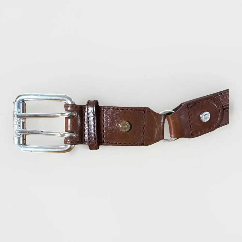 Michael Kors Womens Brown Leather Belt Size S 30-32 Double Prong Silver Buckle