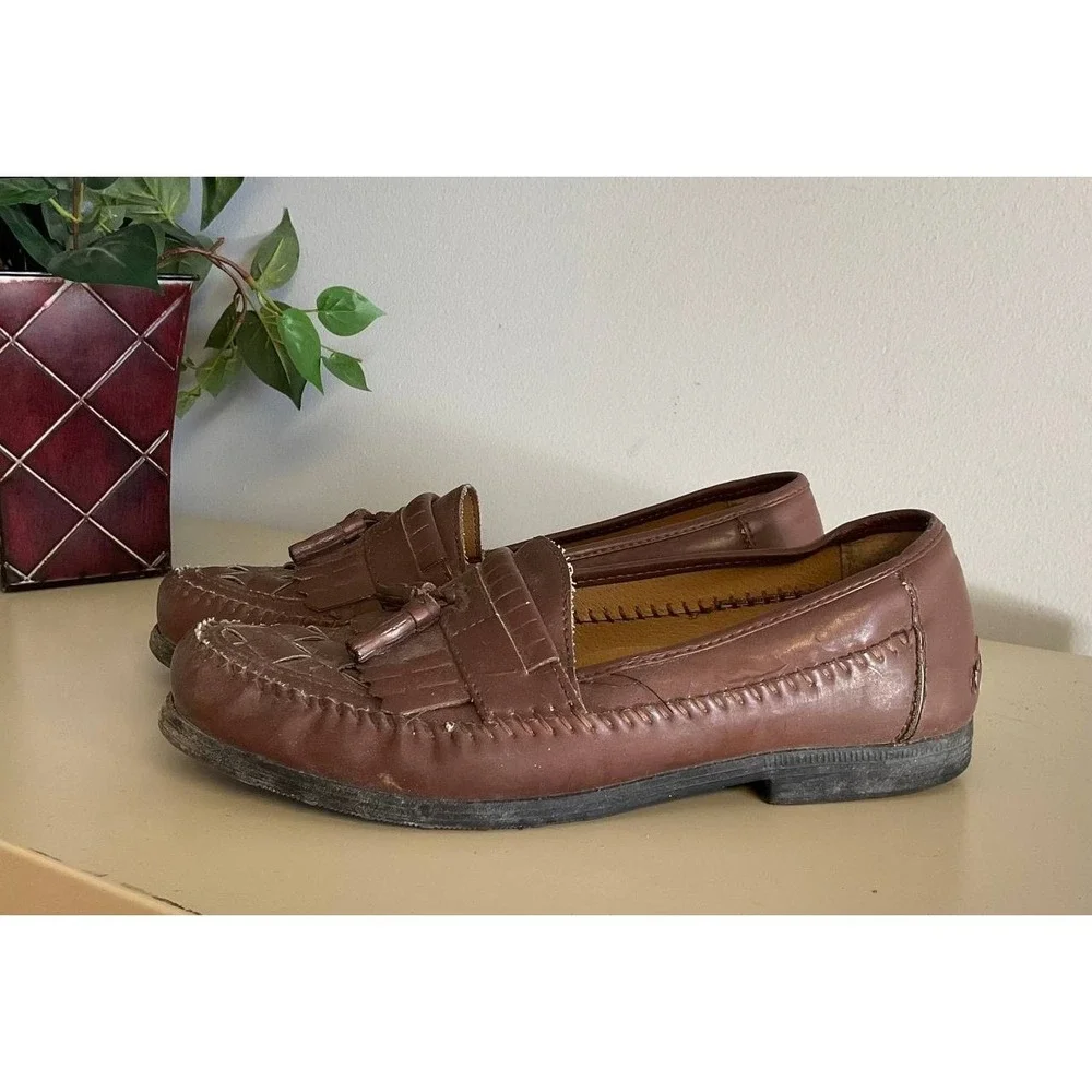 George Mens Loafers Casual‎ Shoes Size 8 Brown Faux Leather Woven Tassel Slip On