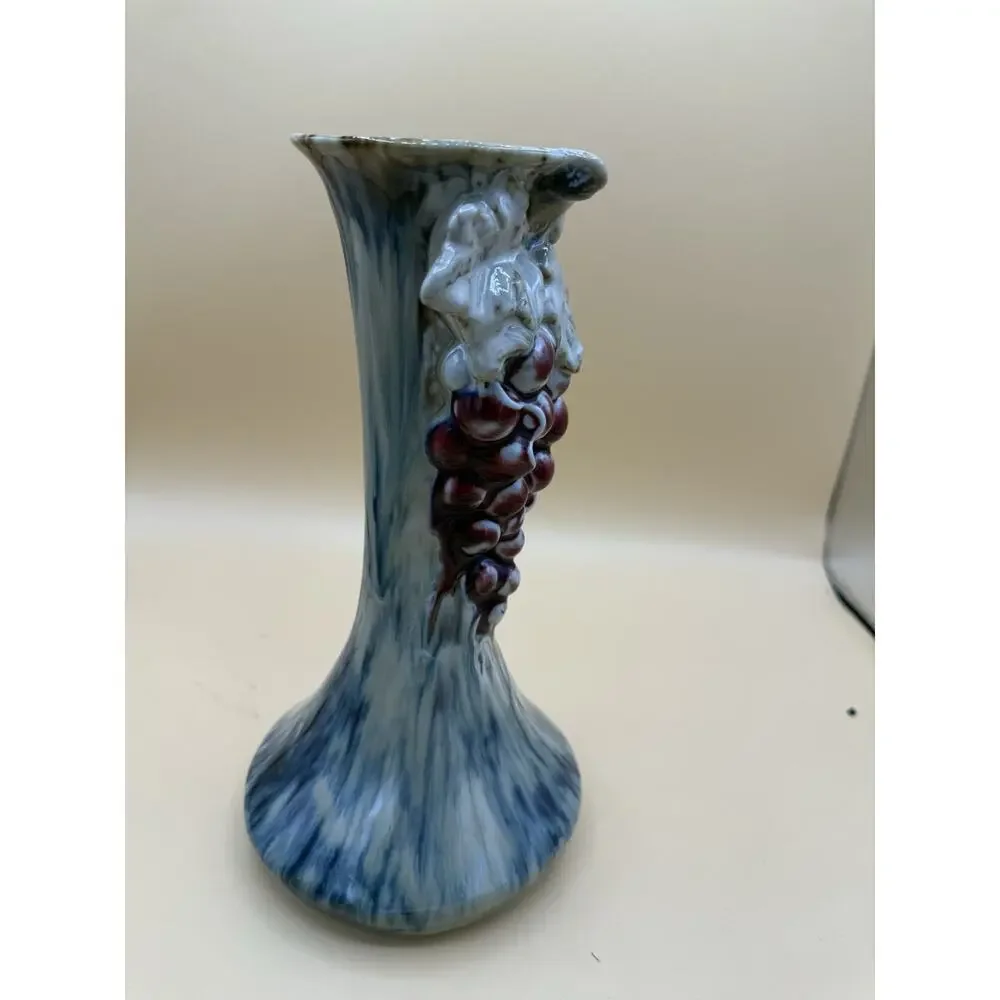 Vintage Majolica Style Grape Cluster Vase Blue Drip Glaze Art Pottery 9.5”