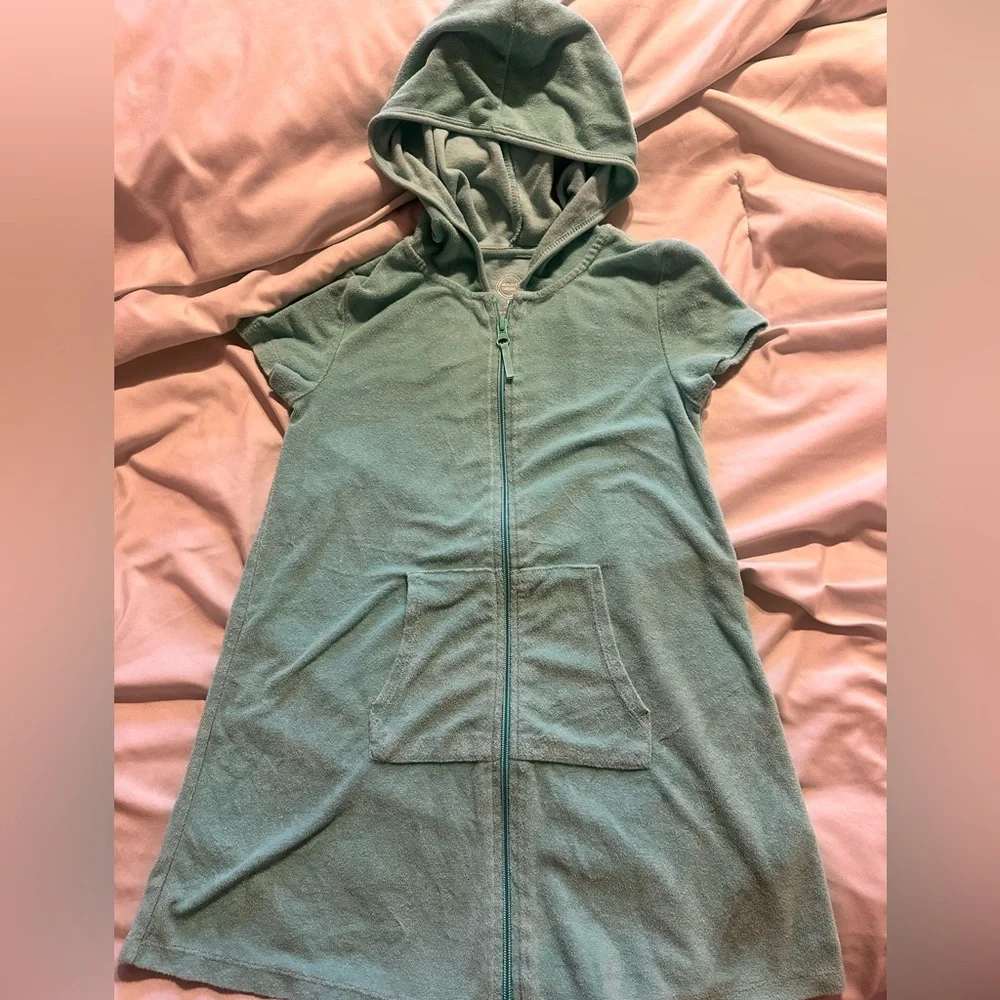 Short Sleeve Hooded Zip Terry swim cover up in Seafoam Green