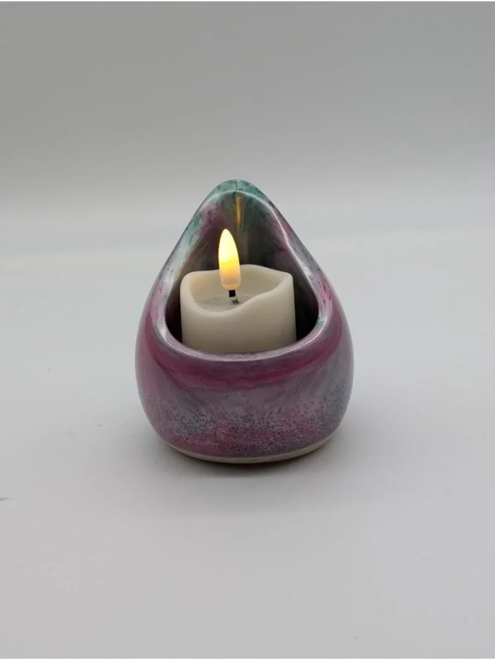 Handcrafted Resin Tealight Holder With Pink, Purple & Green Swirl Design