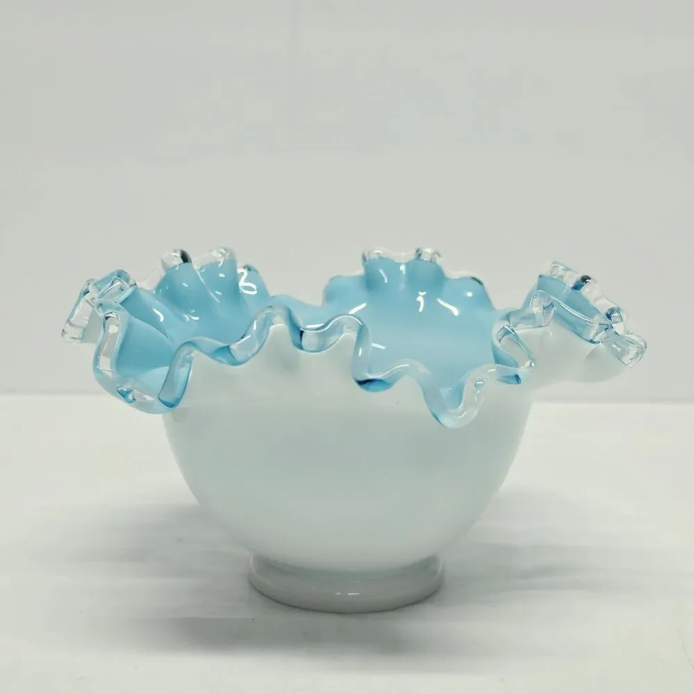 Fenton Teal White Bowl Silver Jamestown Blue Glass Vintage Ruffle Edge MCM