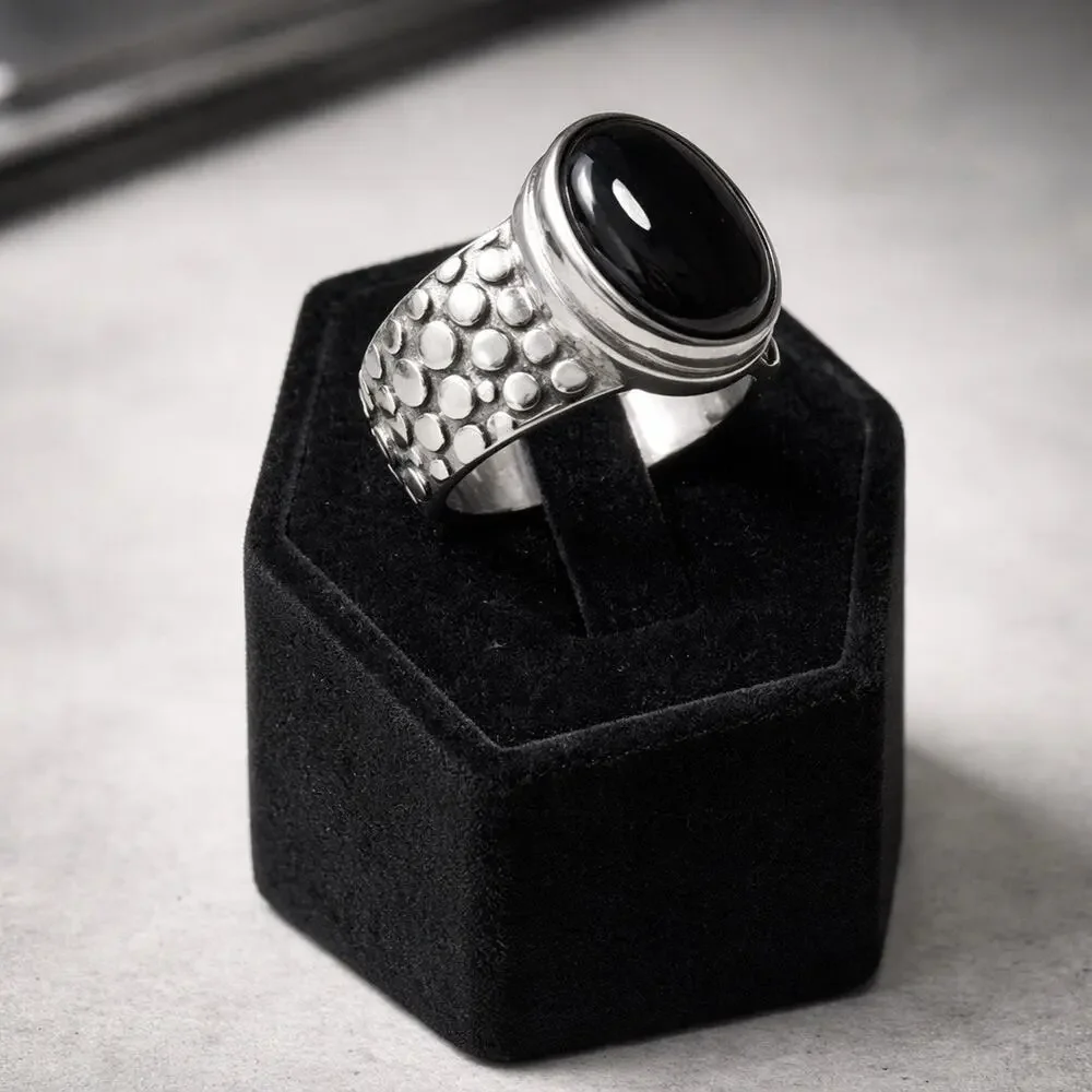 Oval Onyx Black Stone Sterling Silver Men’s Ring – size 8.25 Masculine