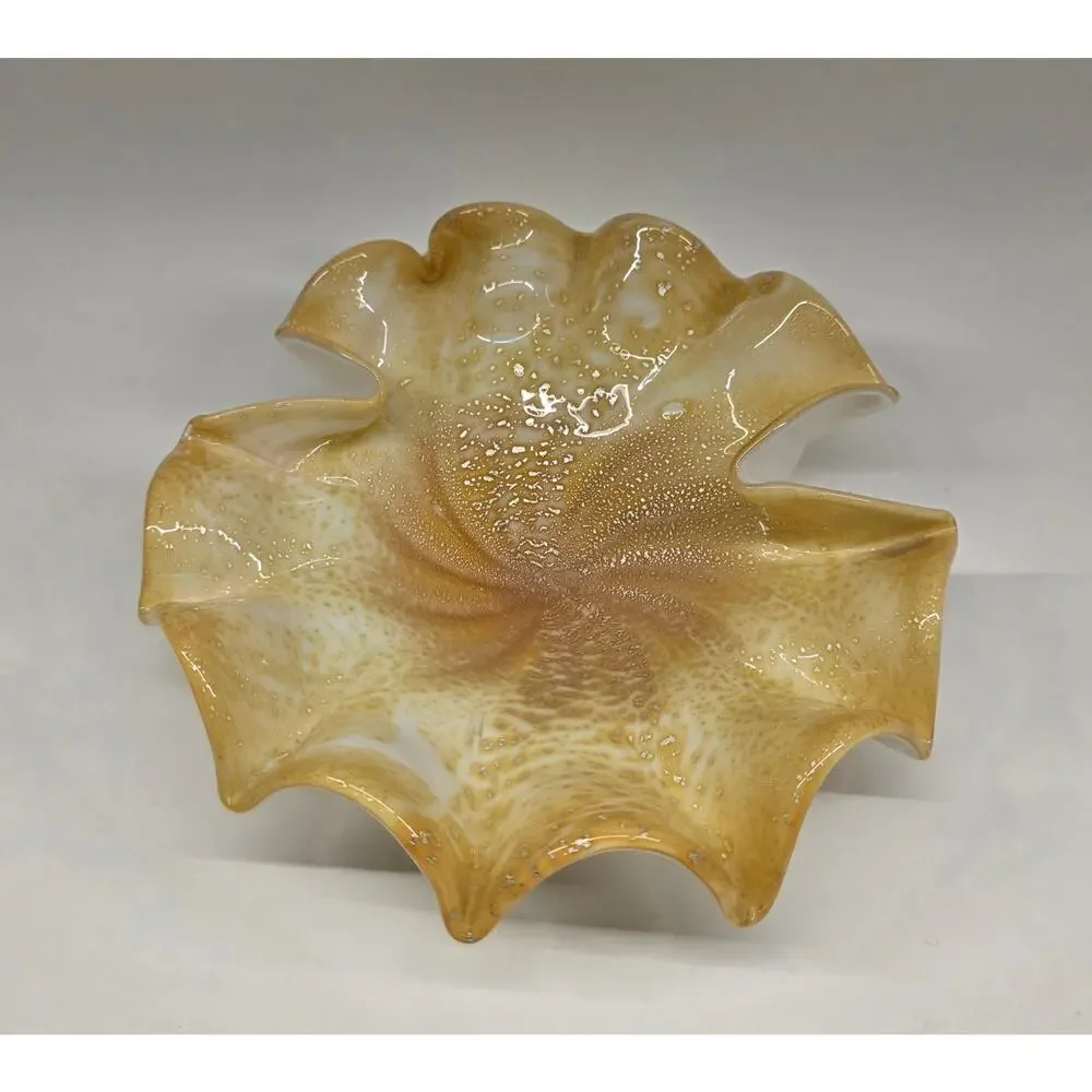 Vintage Murano Gold Aventurine Art Glass Ruffled Bowl Italy