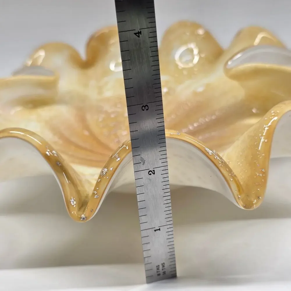Vintage Murano Gold Aventurine Art Glass Ruffled Bowl Italy