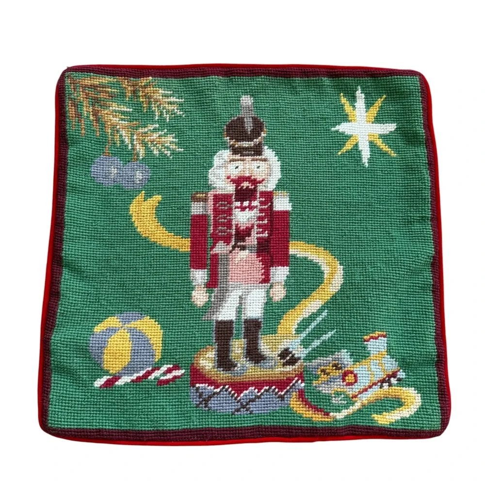 Vintage Nutcracker Needlepoint Pillow Cover Christmas Holiday Red Velvet‎ 13.5