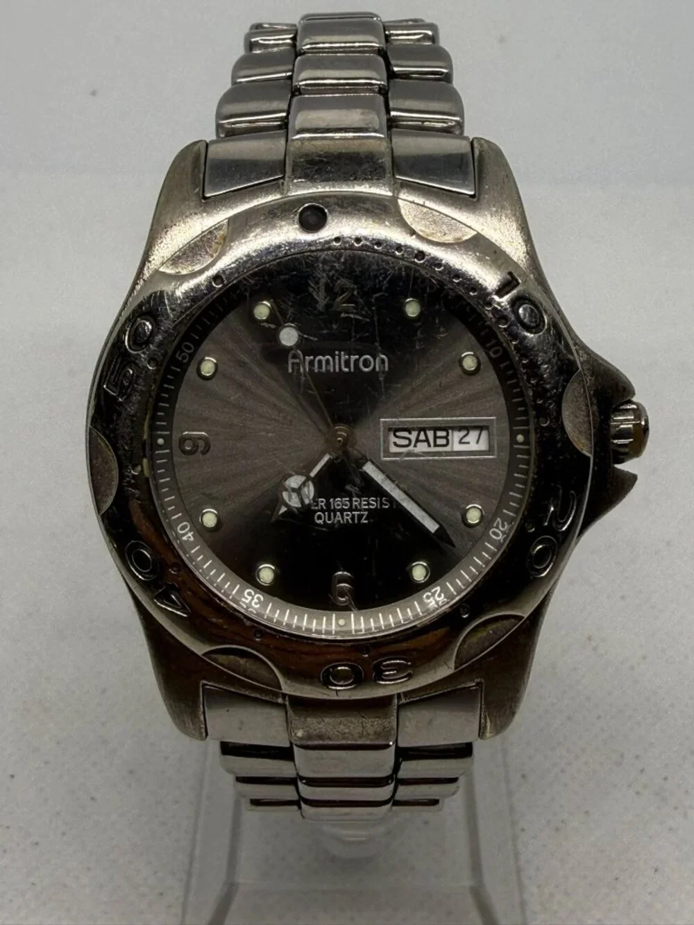 Armitron Men's SS Rotating Bezel Dark Grey Dial Day Date Bracelet Quartz Watch