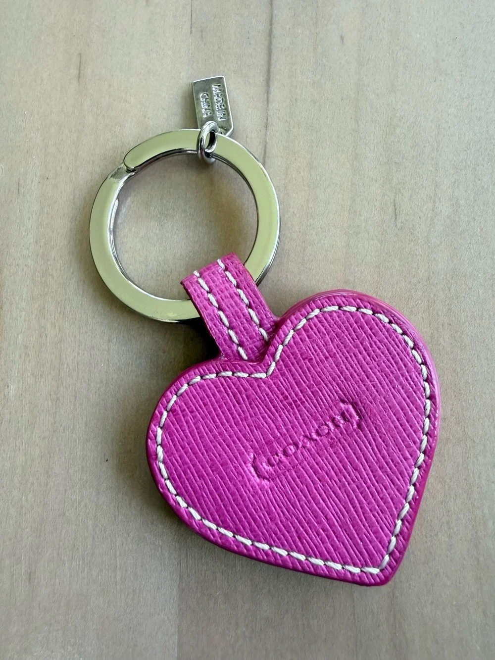 COACH Pink Crossgrain Leather Heart Bag Charm Keychain Silver