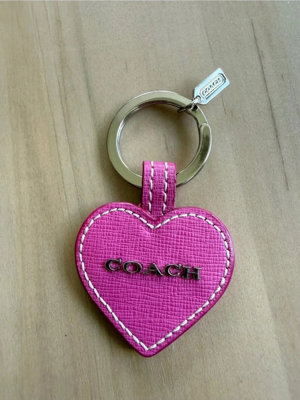 COACH Pink Crossgrain Leather Heart Bag Charm Keychain Silver