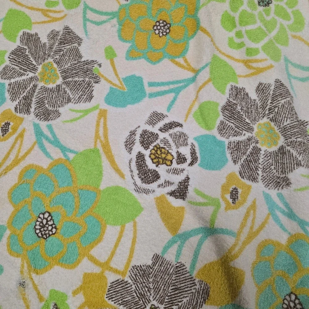 Vintage Floral Terry Cloth Beach Towel Fringe‎ Edge Green Yellow Brown 46x37