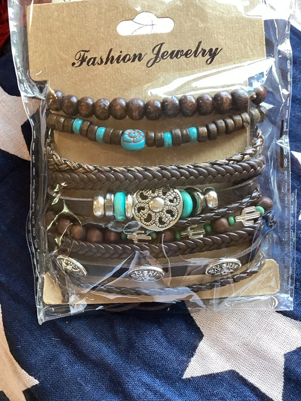 Fashion Jewelry Brown and Turquoise Layered Unisex Bracelet Set of 10