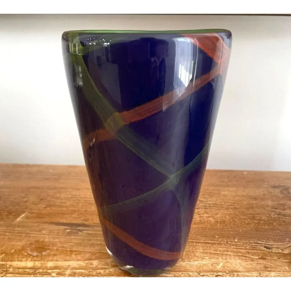 Vintage Soholm Danmark Blue Glass Vase with Cross Ribbon Accents