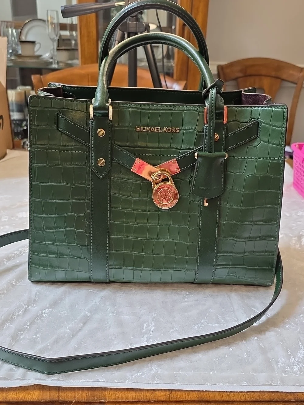 Michael Kors Nouveau Hamilton Dark Green Croc-Embossed Leather Satchel