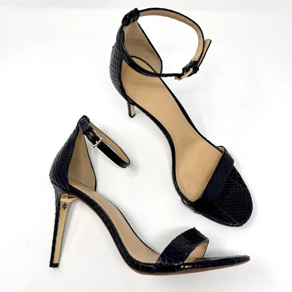 Tory Burch Keri Black Snakeskin Ankle Strap Stiletto Heels Sandals