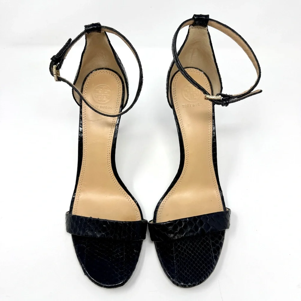 Tory Burch Keri Black Snakeskin Ankle Strap Stiletto Heels Sandals