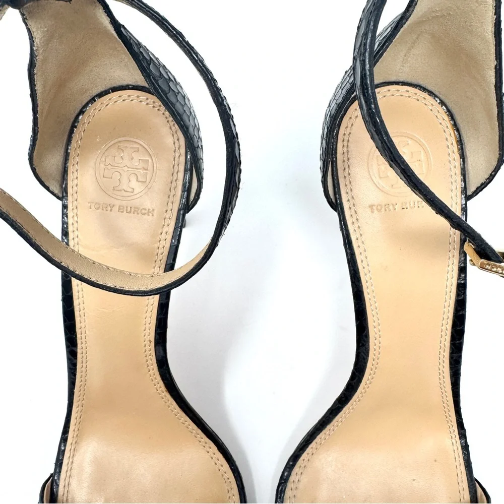 Tory Burch Keri Black Snakeskin Ankle Strap Stiletto Heels Sandals
