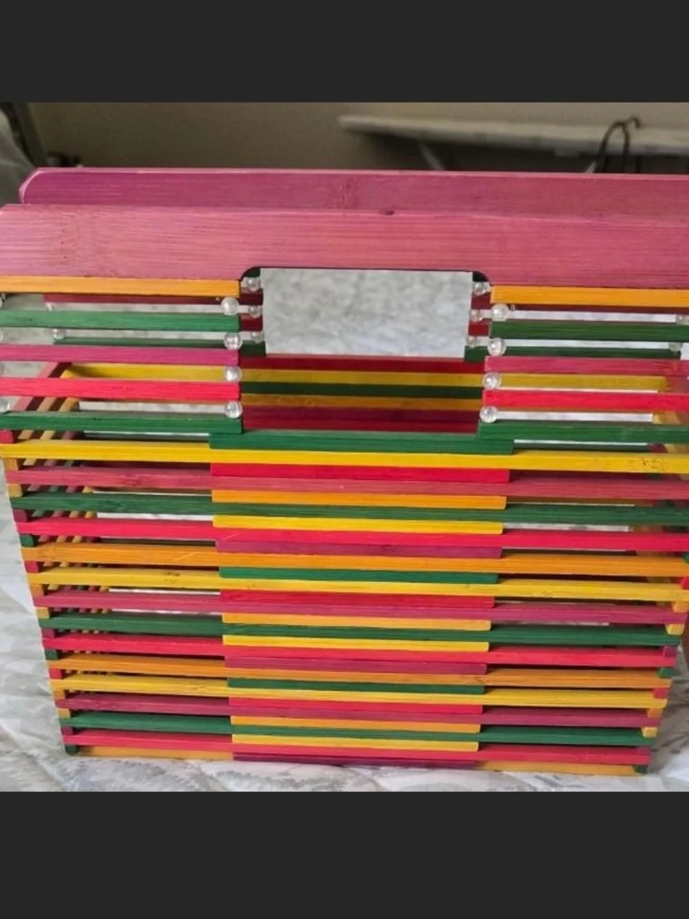 Colorful Wooden Slatted Storage Box - Pink, Green & Yellow