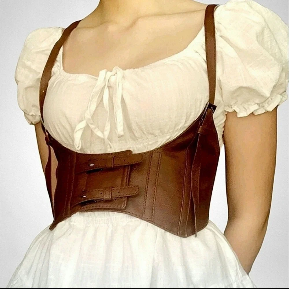 Western Corset brown faux leather body harness buckle suspenders steampunk belt