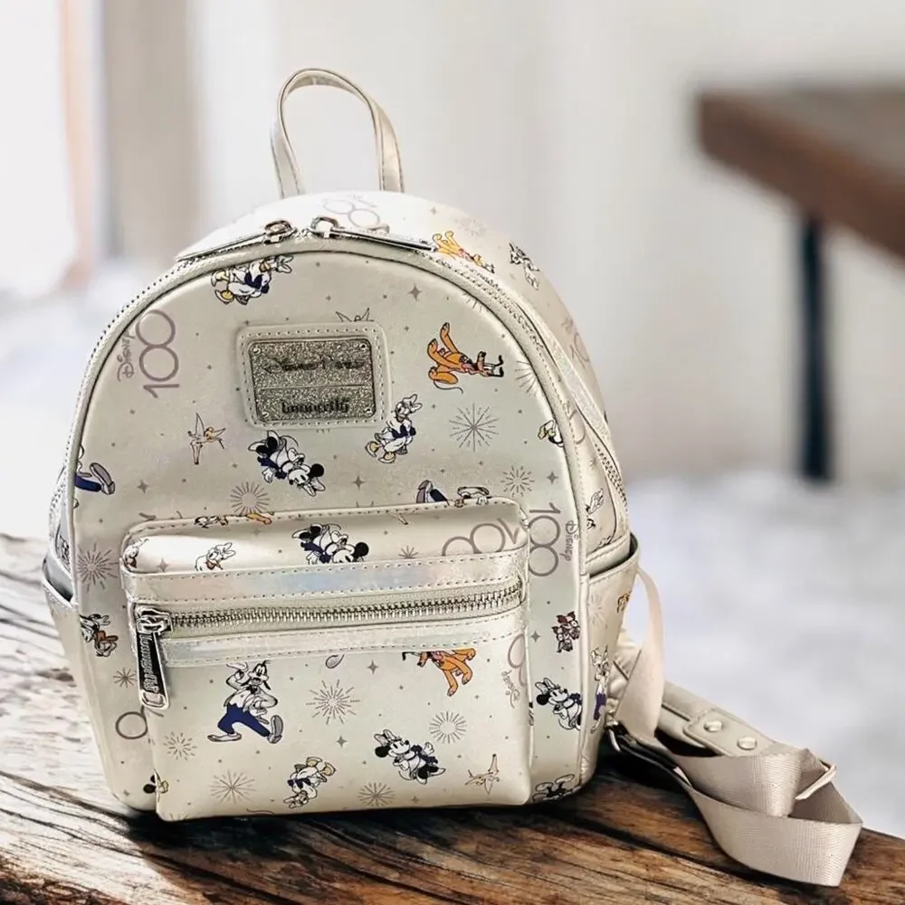 LOUNGEFLY DISNEY PARKS 100th ANNIVERSARY Backpack Bag Silver FAST SHIP 3085-1