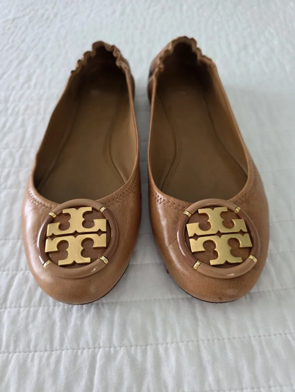 Tory Burch Multi Logo Tan Leather Reva Ballet Flats Size 9