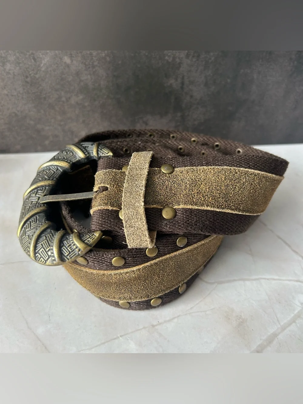 Vintage Brown Suede-Trim Belt with Antique Tone Brass Buckle and Accents