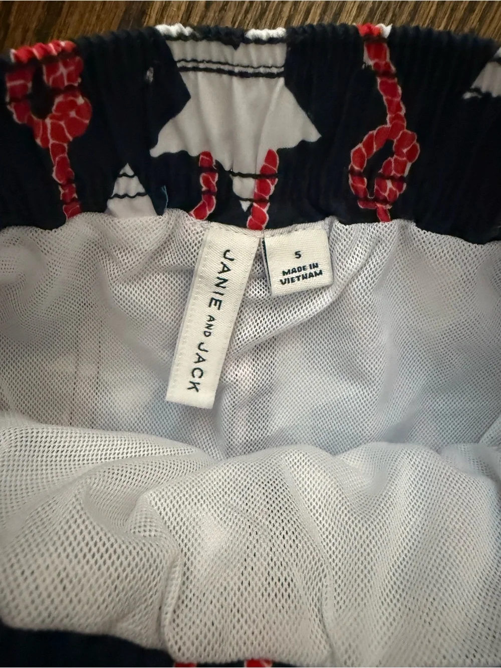 Janie and Jack Navy Stars & Red Rope Print Swim Trunks