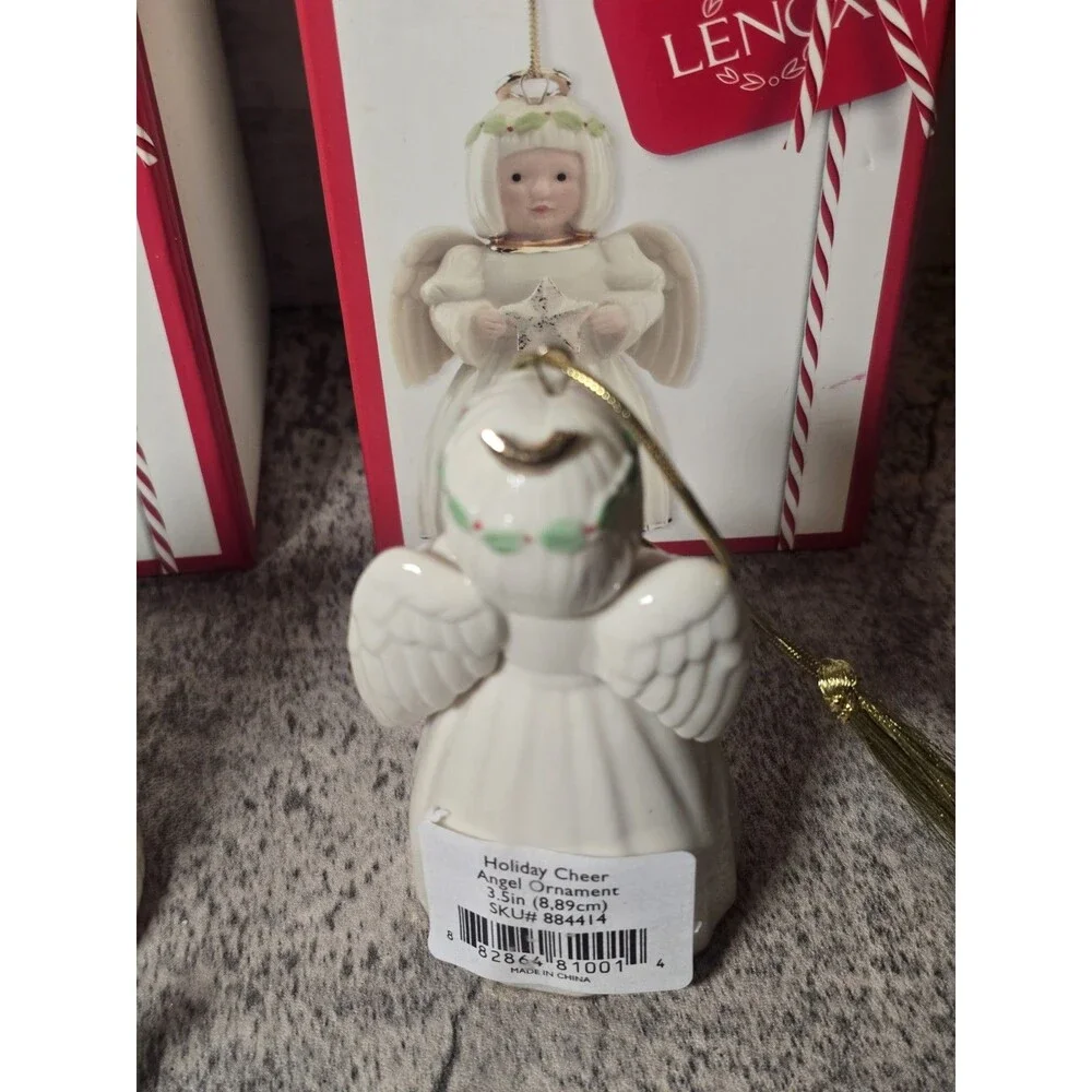 Lenox Holiday Cheer Porcelain Santa Claus  Holding a Star Ornament & Angel