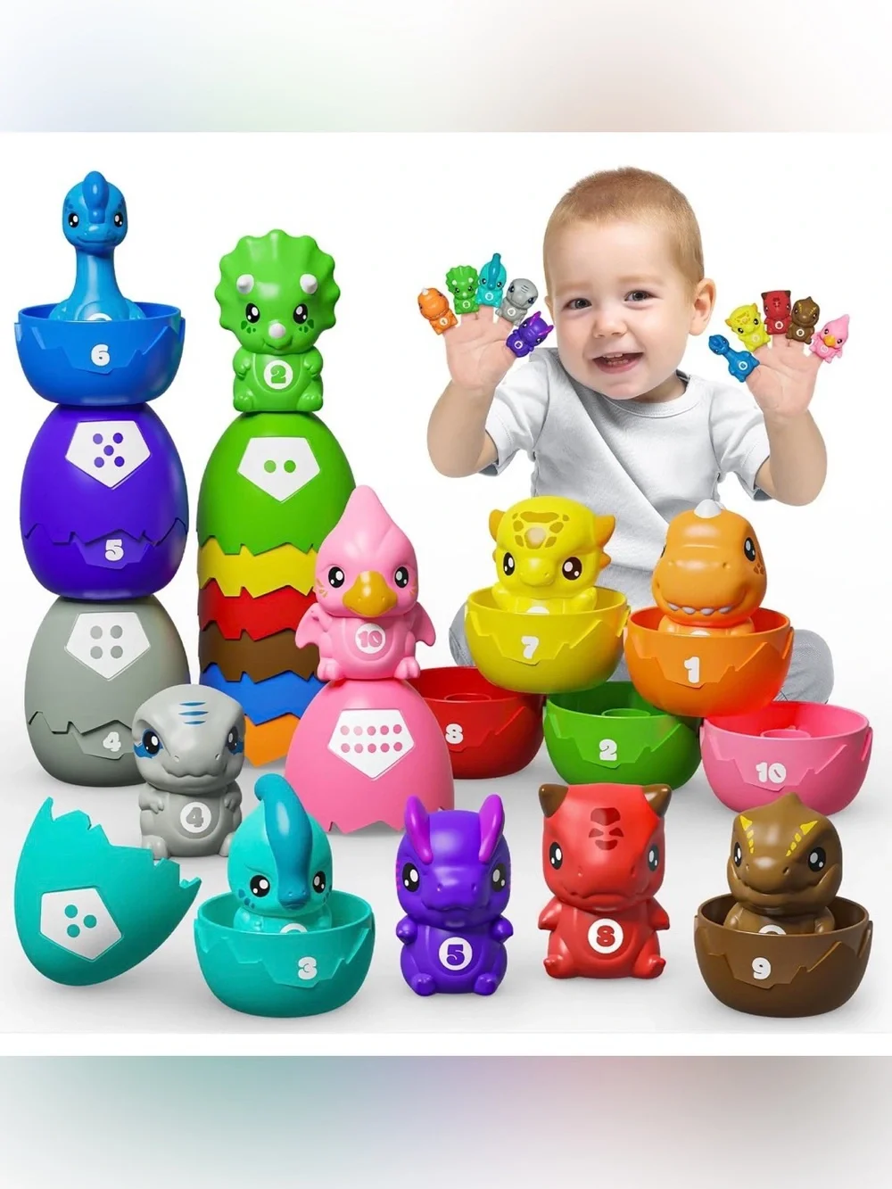 Dinosaur Egg Toys for Toddlers 1-3 Years Dino Finger Puppets Matching Montessori