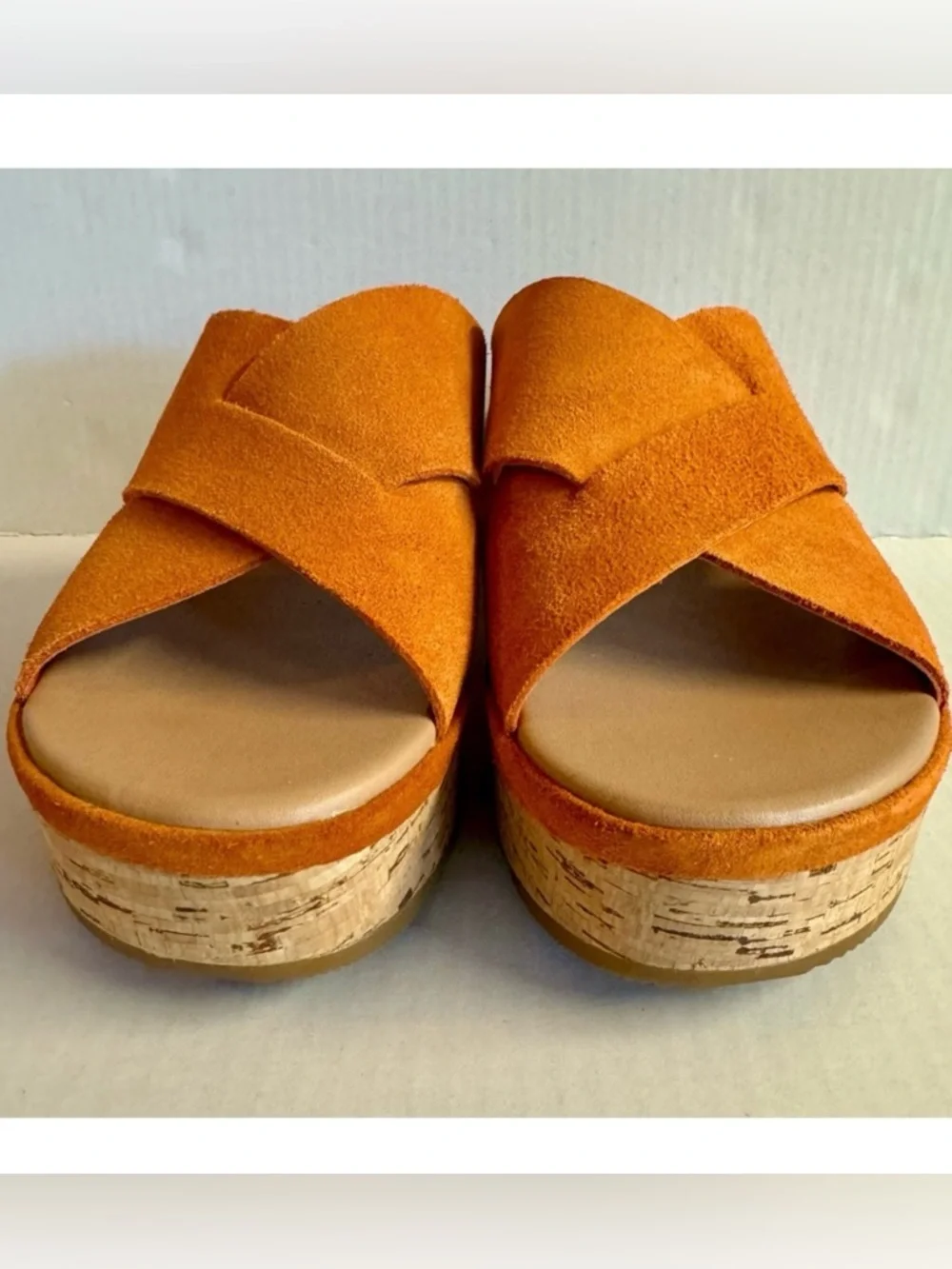 Sorel Cameron Orange Suede Cork-Platform Crossband Slide.Size 10