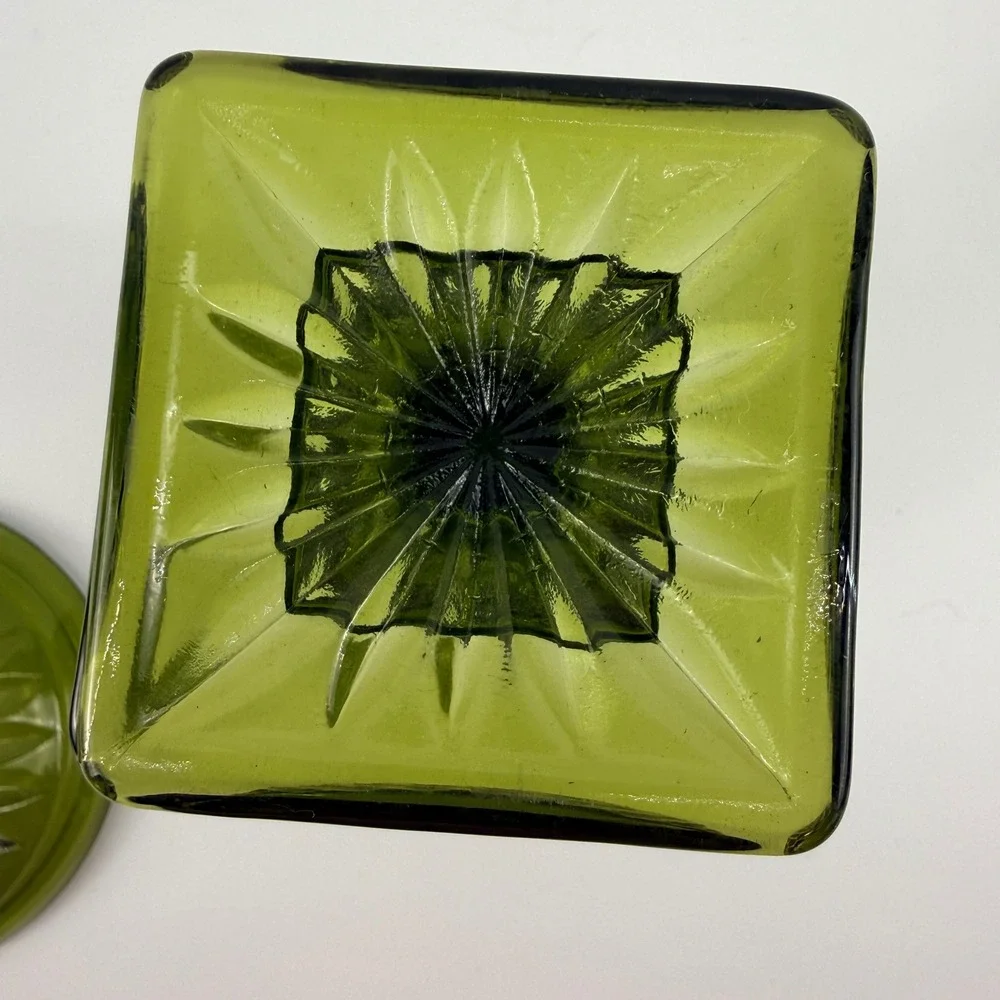 Indiana Glass Diamond Point Avocado Green Apothecary Jar Covered Pedestal