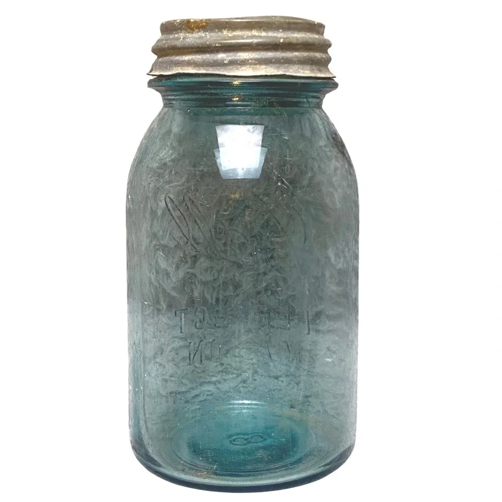 Antique Blue Glass‎ Ball Mason Jar Zinc Lid Stamped 8 on Bottom