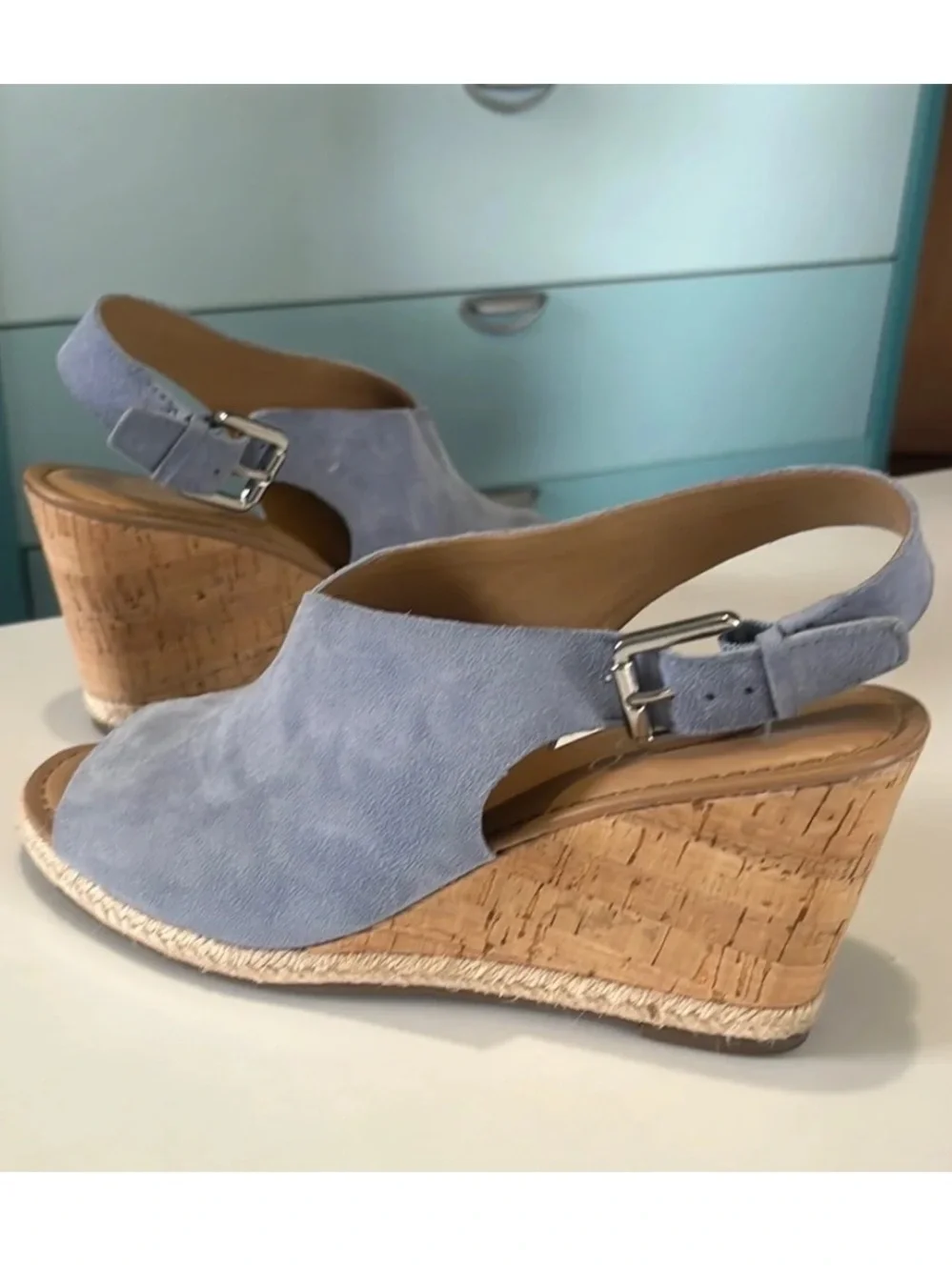 Franco Sarto Julien Women's Light Blue Suede 3” Cork Wedge Sandals size 6.5