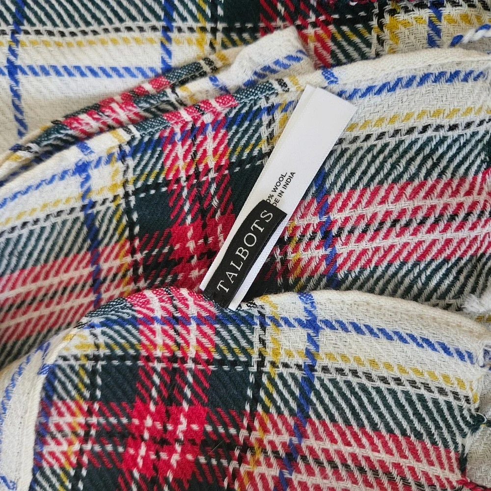 Talbots 100%‎ Wool Tartan Plaid Scarf Red Cream Green